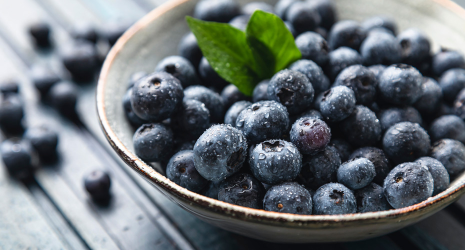 Blueberries in a bowl and on the table around it